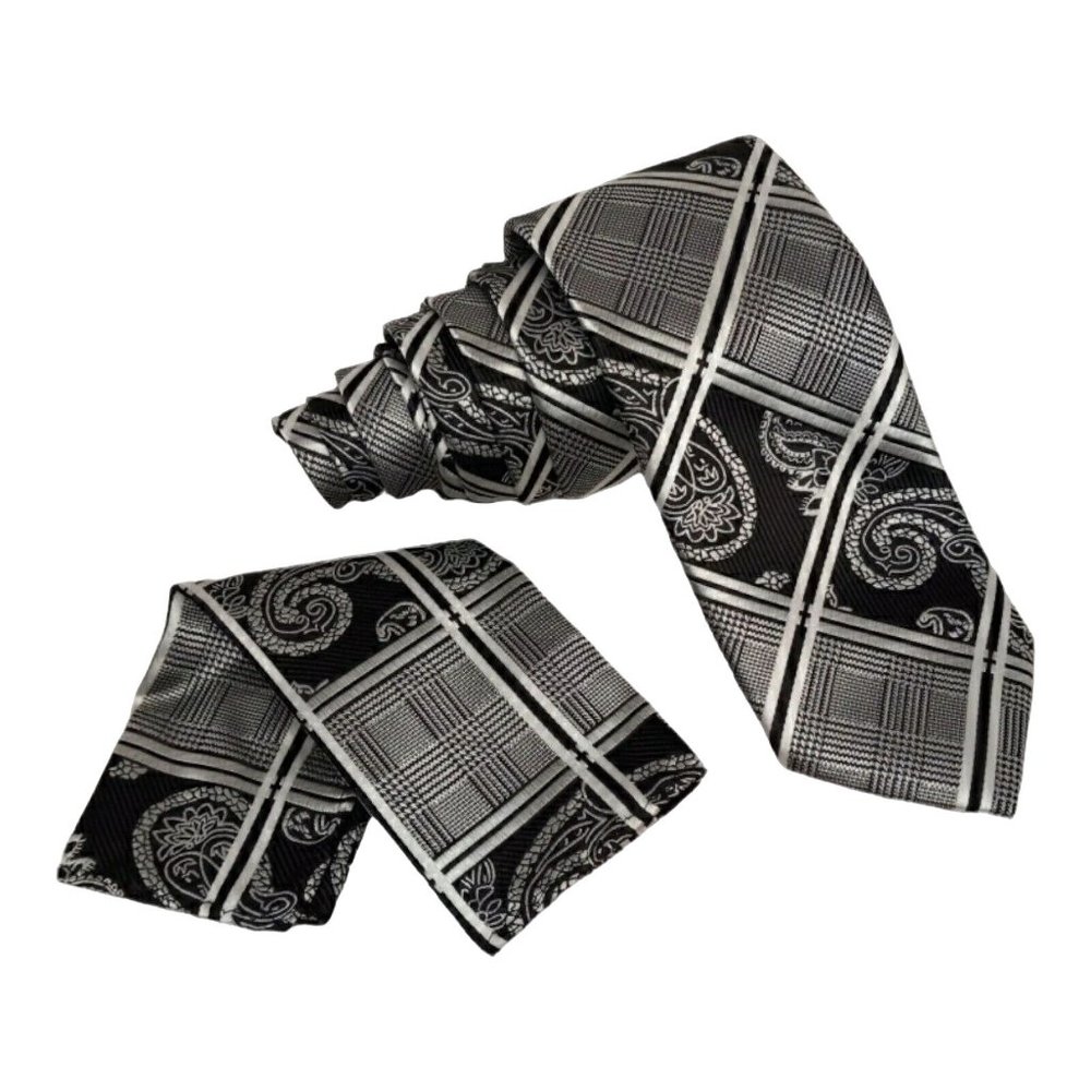 Tie Barry Wang Mens Designer 100% Silk Black White Paisley Pocket Square Italy